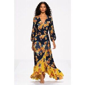 Farm Rio Loretta Black Gold High Low Wrap Maxi Floral Small Beach Resort Boho
